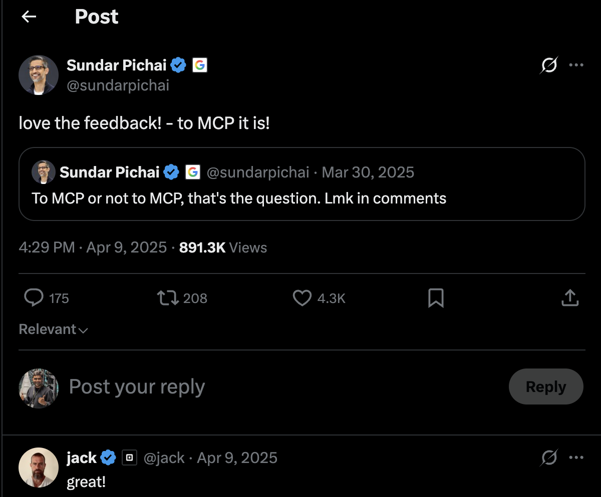 Sundar Pichai confirms Google will support MCP, April 2025