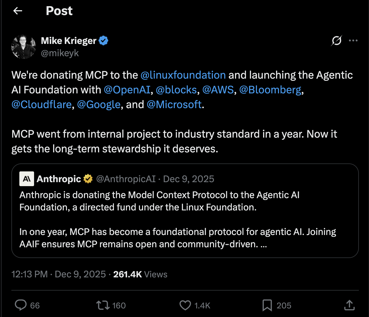 Mike Krieger announcement of MCP donation to Linux Foundation, December 2025
